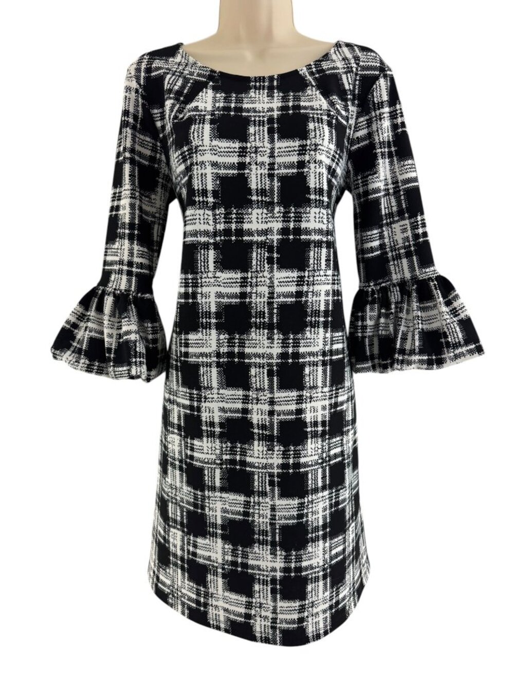 Nina Leonard Black & White Plaid‎ Print Bell Sleeve Shift Dress Size S Office